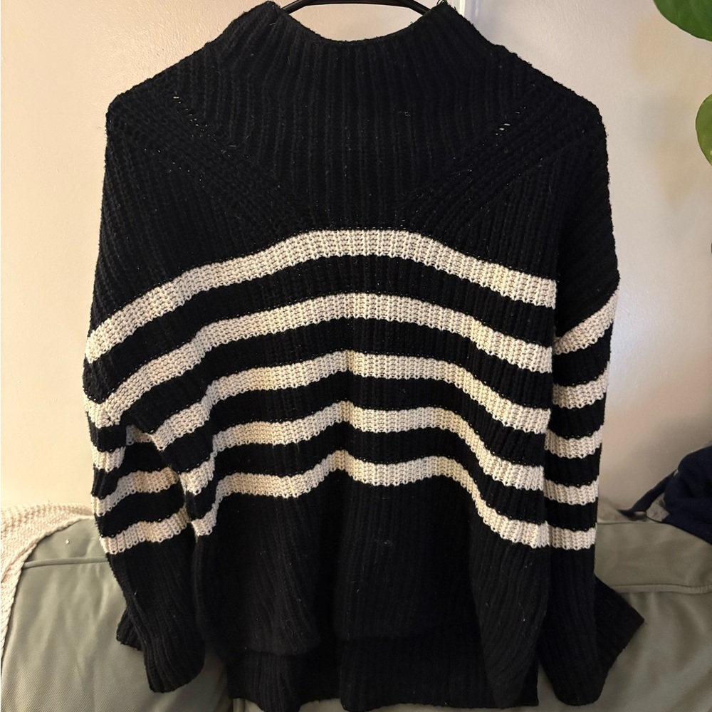 Black and White Cowl Neck Striped Sweater